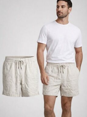 Quince | Linen Shorts | Beige Elastic Waist Drawstring Casual | Size L
